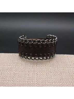 7+1 Inch Unisex Wide Brown Leather Metal Curb Chain Laced Cuff Bracelet B1534